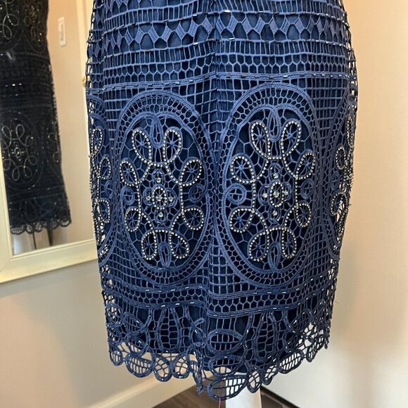 Aidan Mattox Navy Short Lace Beaded Sheath Cocktail Dress, Size 12 - Picture 7 of 16